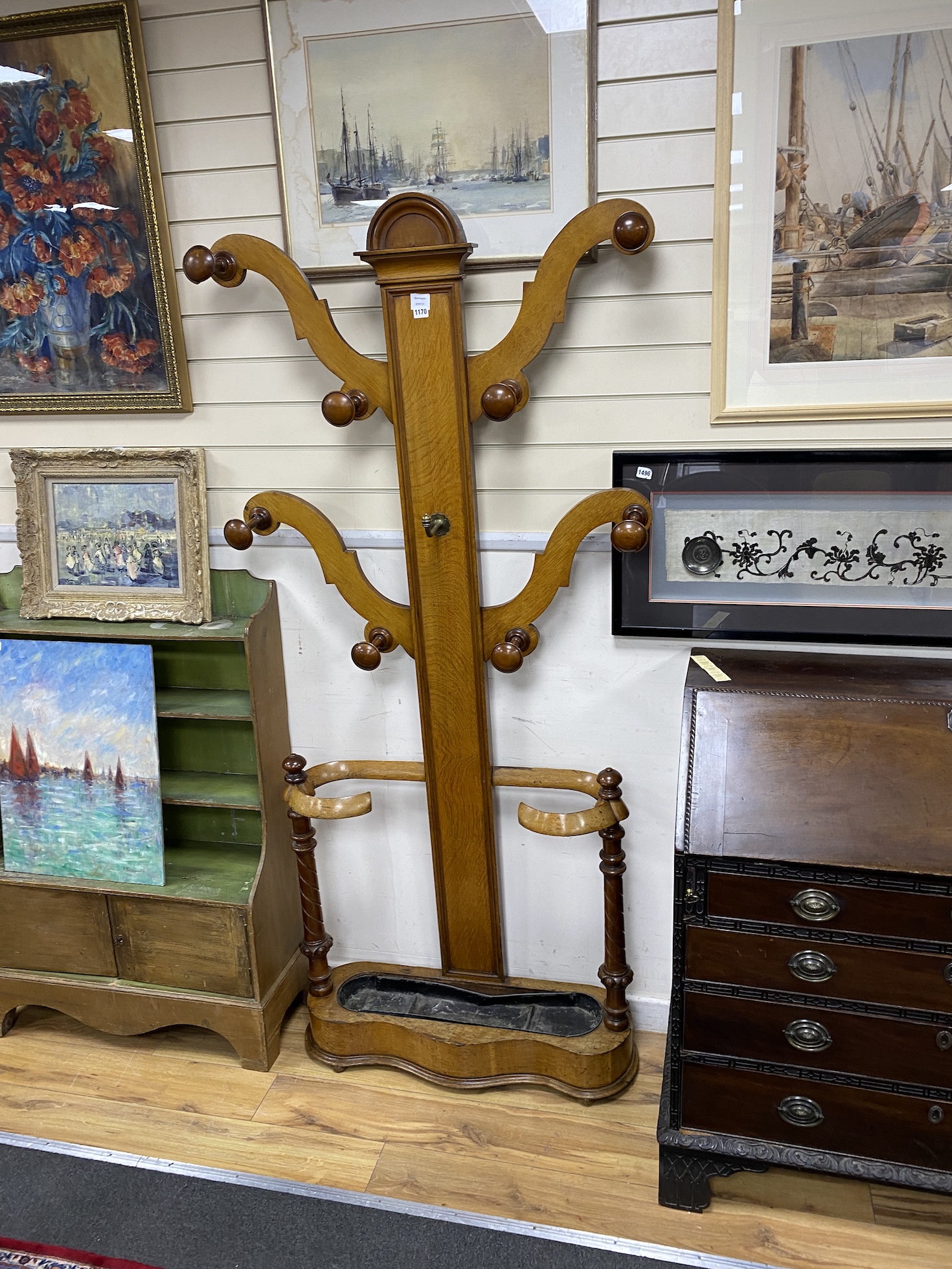 A Victorian pale oak hall stand, width 95cm, height 198cm